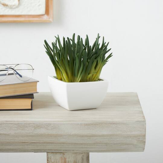 8" Green Foliage Artificial Plant with White Ceramic Pot